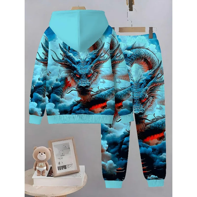 2025 Conjunto de 2 piezas con capucha y pantalones deportivos con estampado de bestia voladora y estampado digital 3D