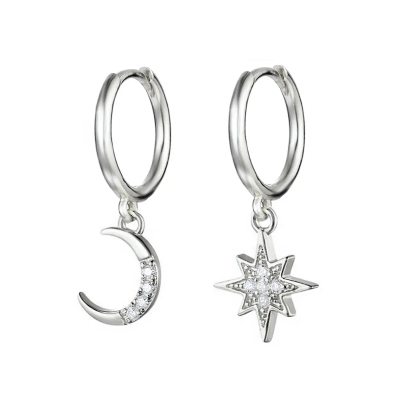 Prevenire l\'allergia orecchini in argento 925 con ago asimmetrico a forma di stella e luna orecchini con ciondoli in cristallo per gioielli da donna