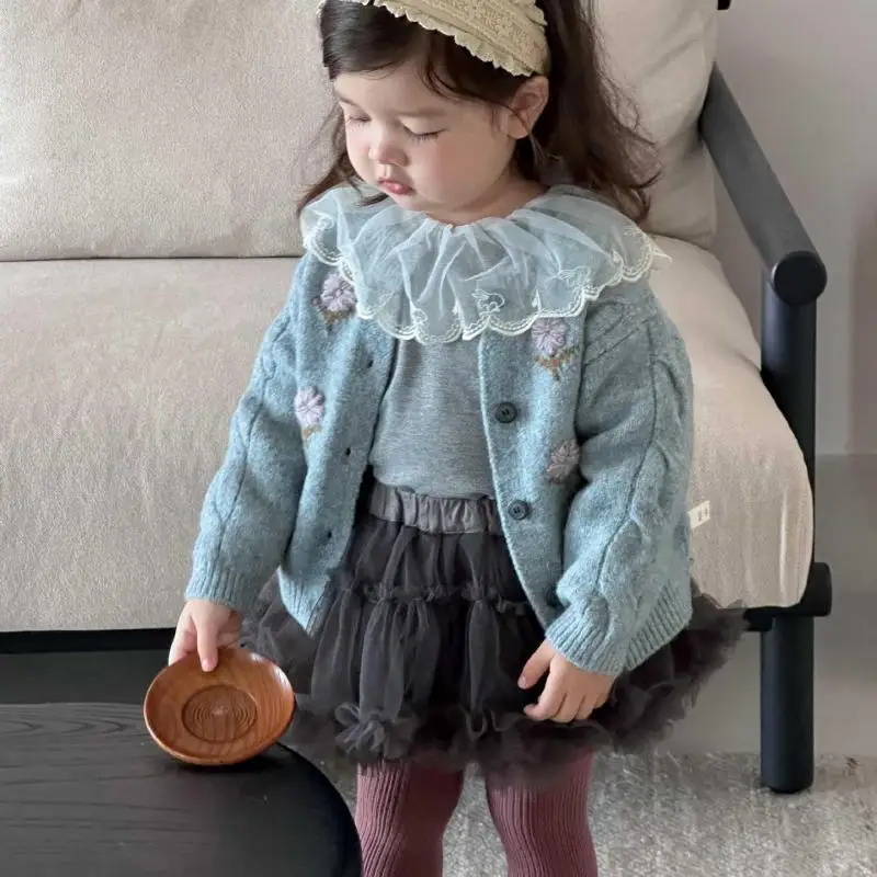 

2025 Autumn New Children Long Sleeve Knit Coat Girls Flower Embroidery Cardigan Baby Cotton Knitted Jacket Fashion Kids Clothes