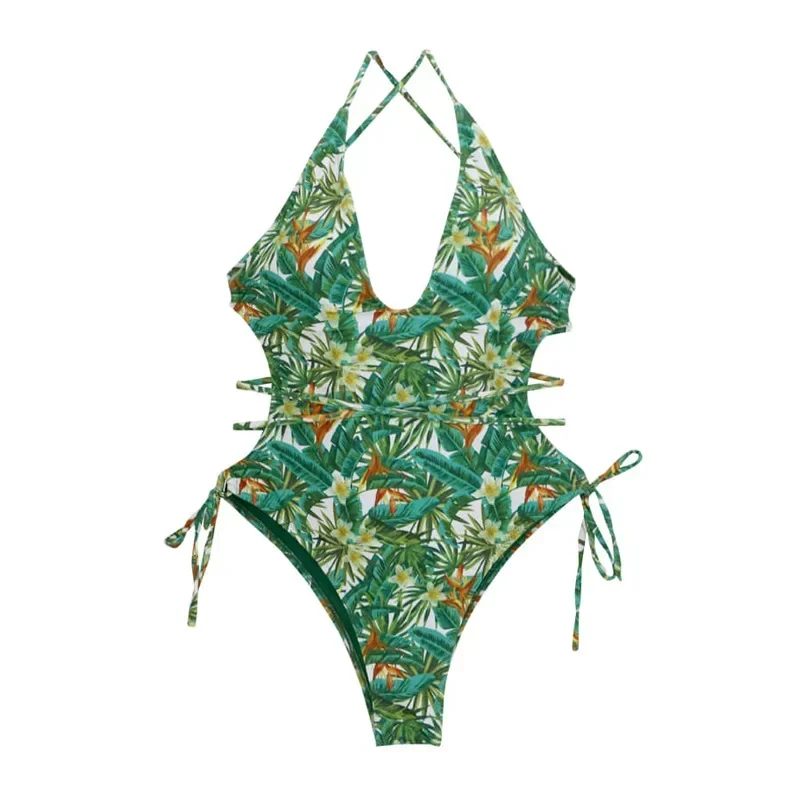 2025 Green Print One Piece Swimsuit Women Swimwear Deep V Monokini Bodysuit Backless Bathing Suit Beach Wear High Cut Swim Suit image 6