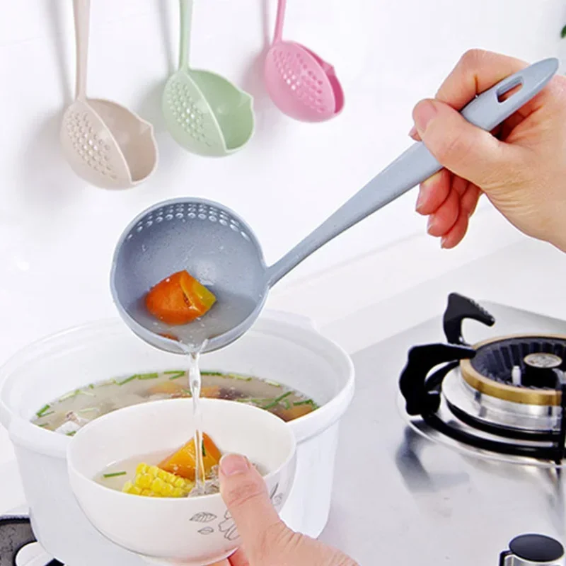 New Soup Spoon Long Handle Kitchen Strainer Solid Color Cooking Colander Kitchen Scoop Plastic Tableware Colander Hot