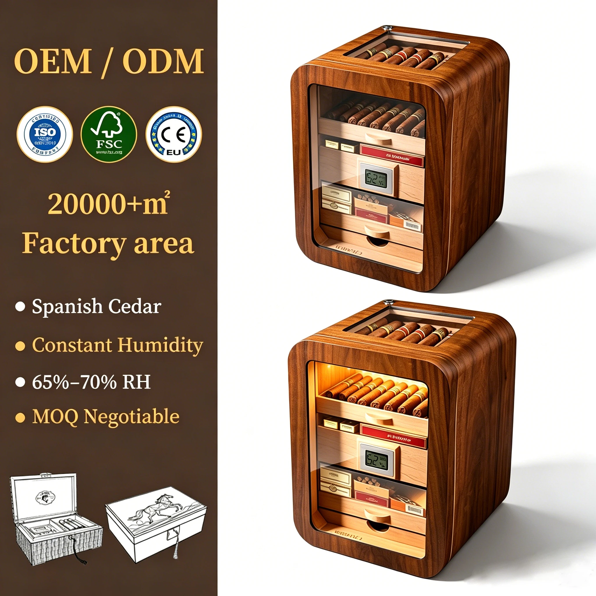 100-150 CT Humidor Cabinet 5 Layer Desktop  Spanish Cedar Wood Cigars Cabinet With Eco-friendly Paint Led Light Cigar Cabinet