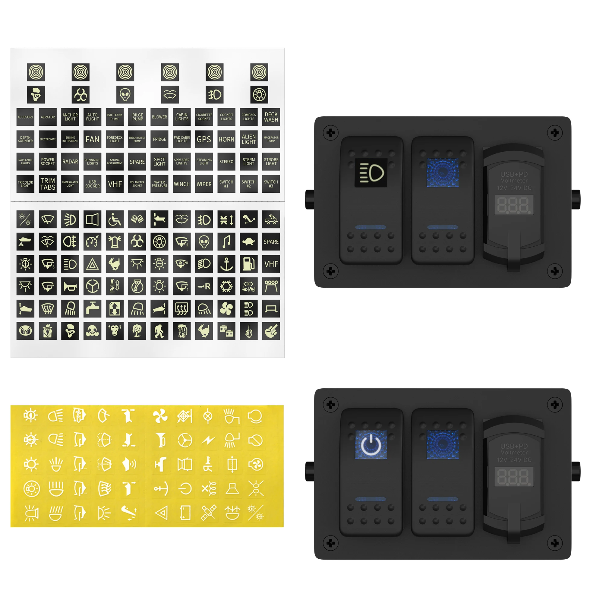 DaierTek 3 Gang Rocker Switch Box 12V SPST ON Off Waterproof Switch PD Type C and QC 3.0 USB Charger Voltmeter DIY Stickers