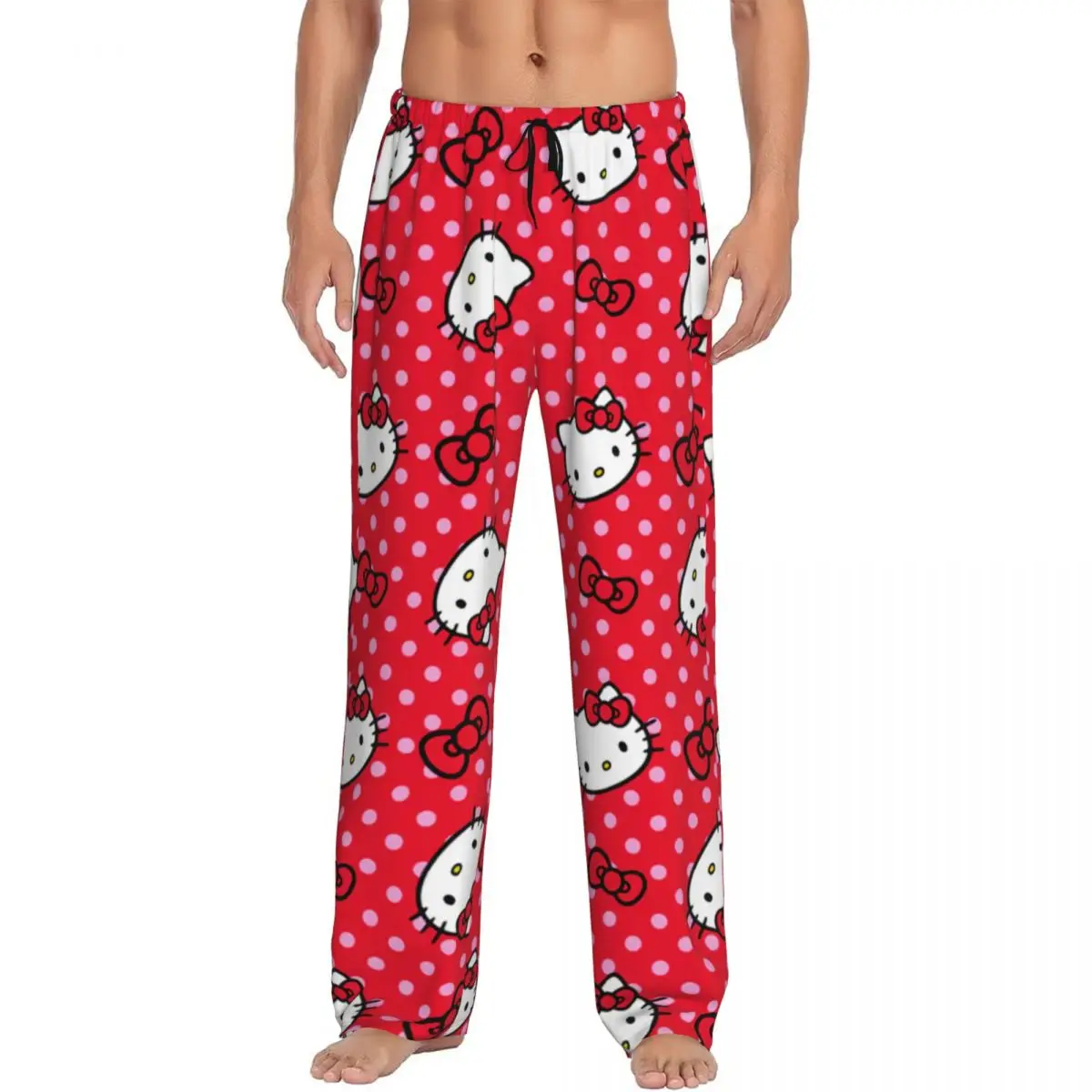 Custom Print Cartoon Anime Hello Kitty Bow Pajama Pants Men Sleep Sleepwear Bottoms with Pockets