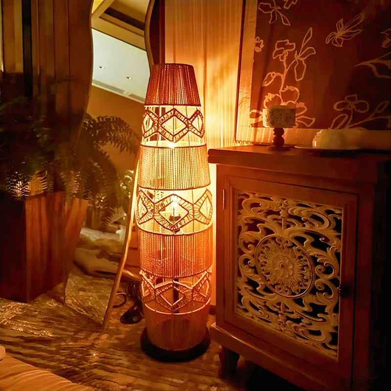 Japanese Wabi Sabi Retro E27 Hemp Rope Rattan Weaving Floor Lamp Homestay Living Room Bedroom  Home Decor Handmade Pendant Light