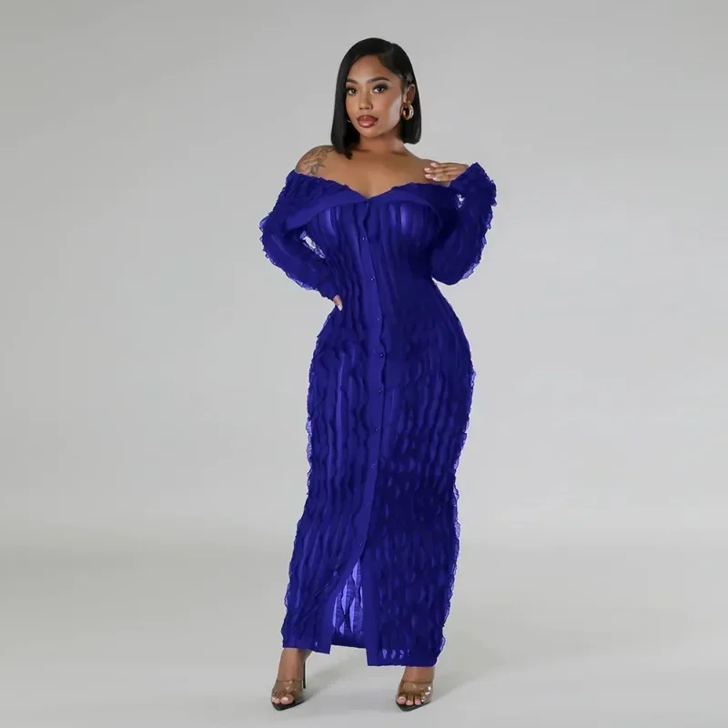 GUWU Sexy Off the Shoulder Birthday Bodycon Maxi Dress Women Slash Neck Button-up Wave Striped Night Party Long Dresses Clubwear