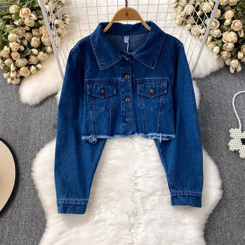 

Girl Long Sleeved High Waist Single Breasted Denim Jacket Design Fashion Short Shirt Coat Female Spring Autumn Jeans Tops Z1762