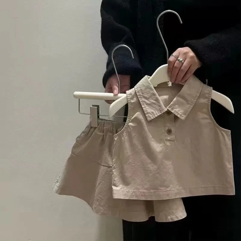 

Детский топ без рукавов с воротником, полуюбка, комплект из двух предметов, комплект в студенческом стиле для девочек, лето 2023 г.