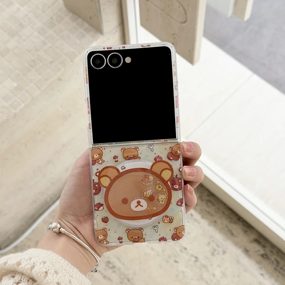 Magnetischer Griffhalter Magsafe Wireless Charge Handyhülle für Samsung Galaxy Z Flip 7 6 5 4 3, niedliche Cartoon-Rilakkuma-Bärenabdeckung