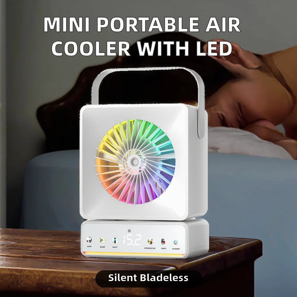 Mini Handheld Outdoor Portable Desktop Air Conditioner 7 Color LED Lights Five Speed Cooling Mist Fan Humidify Function USB