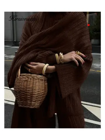 Hirsionsan Mjuka Eleganta Vintage Damkostymer 3 Delade Damset O-ringad Tröja & Vilda Benbyxor med Halsduk Stickad Träningsdräkt 6 best sales 3-delad träningsoverall - №2