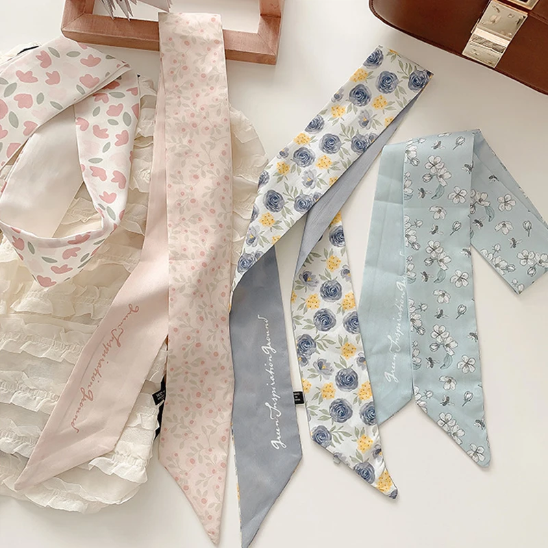 95cm Long Skinny Scarf for Women Narrow Ribbon Headband Female Neckerchief Floral Print Bag Band Bandana Hair Tie Accessories