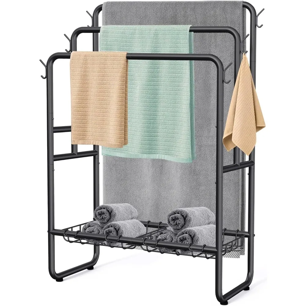

40" Tall Standing Towel Racks, 3 Tier Towel Stand Blanket Rack with 2 Removable Storage Baskets & 6 Hooks, Indoor Outdoor Frees