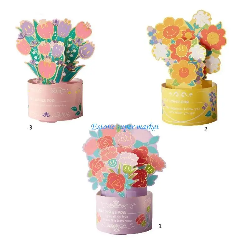 090B 3D Birthday Flower Card For Birthday Cards Colorful Flower Theme Card 3D Flower with String Lights