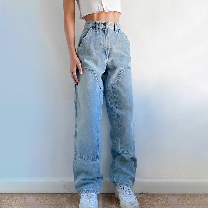 Streetwear High Waist Straight Jeans Women's Loose Overalls High Waist Patchwork Denim Trousers Summer Casual Korean Harajuku