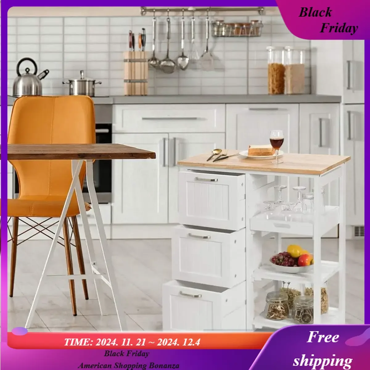 

Kitchen Island Cart, Home Bar Serving Cart, Kitchen Trolley with 3 Large Drawers, Storage Shelf and 3 Tier Shelves