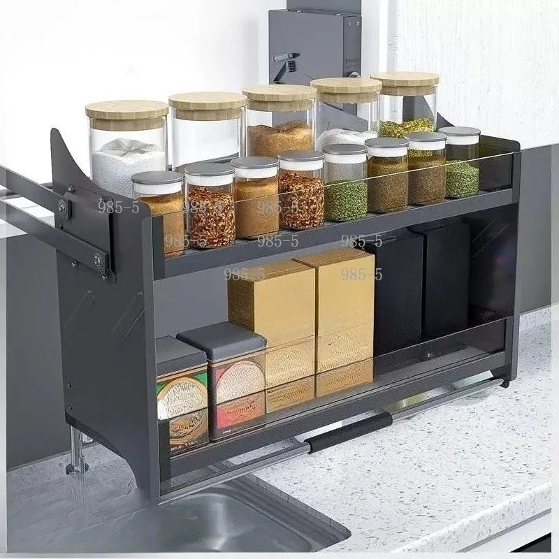 Aluminum Alloy Damping Lifting Basket，Drop-down Kitchen Storage Rack Wall Cupboard Seasoning Organizer