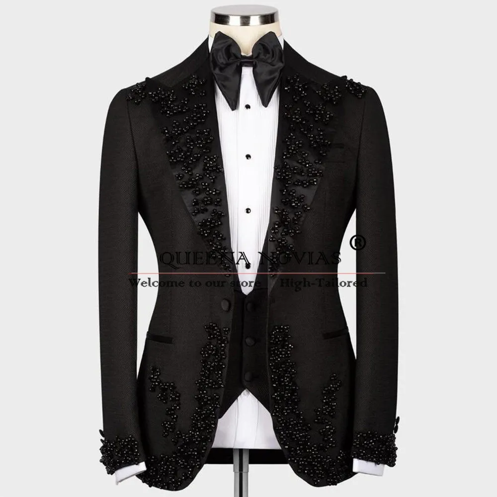 Luxury Boy Suits Handmade Pearls Notch Lapel Jacket Vest Pants 3 Pieces Children Formal Party Prom Blazer Kids Tuxedo Tailored