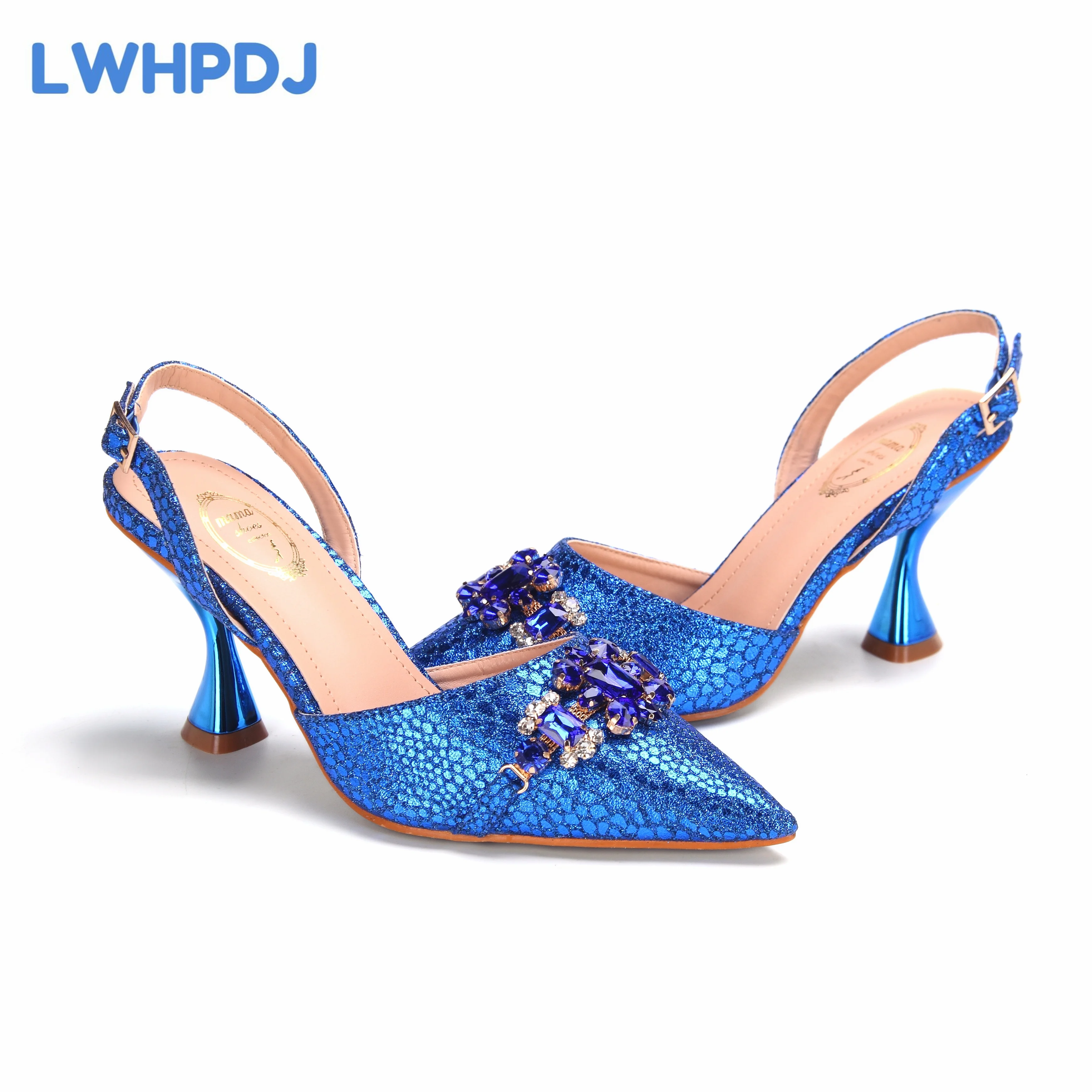 High Heels Shoes for Women Fashion Embroidery Rhinestone Italian Design Royal Blue Pointed Toe Shoes and Bags Set