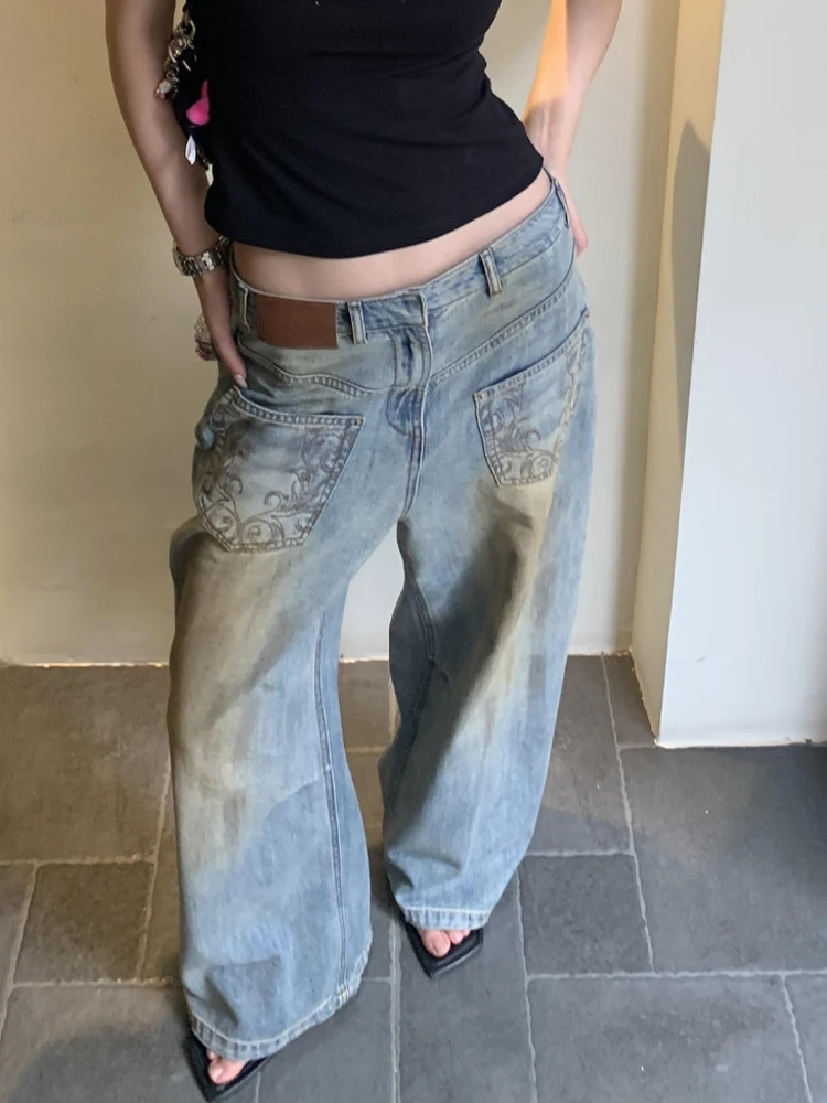 American Hot Girl Design Reverse Pocket Embroidered Denim Pants Women Summer New Vintage Mud Dye Floor-Length Loose Fit Jeans