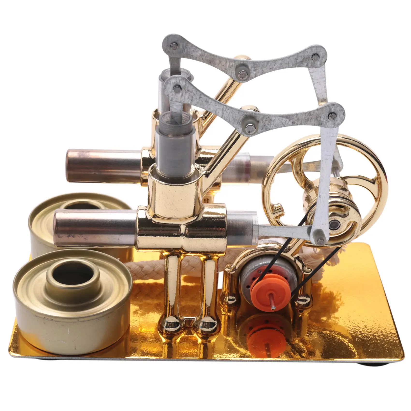 Golden Double Cylinder Stirling Engine Model Bulb External Combustion Heat Steam Power Physics Science Experiment Engine