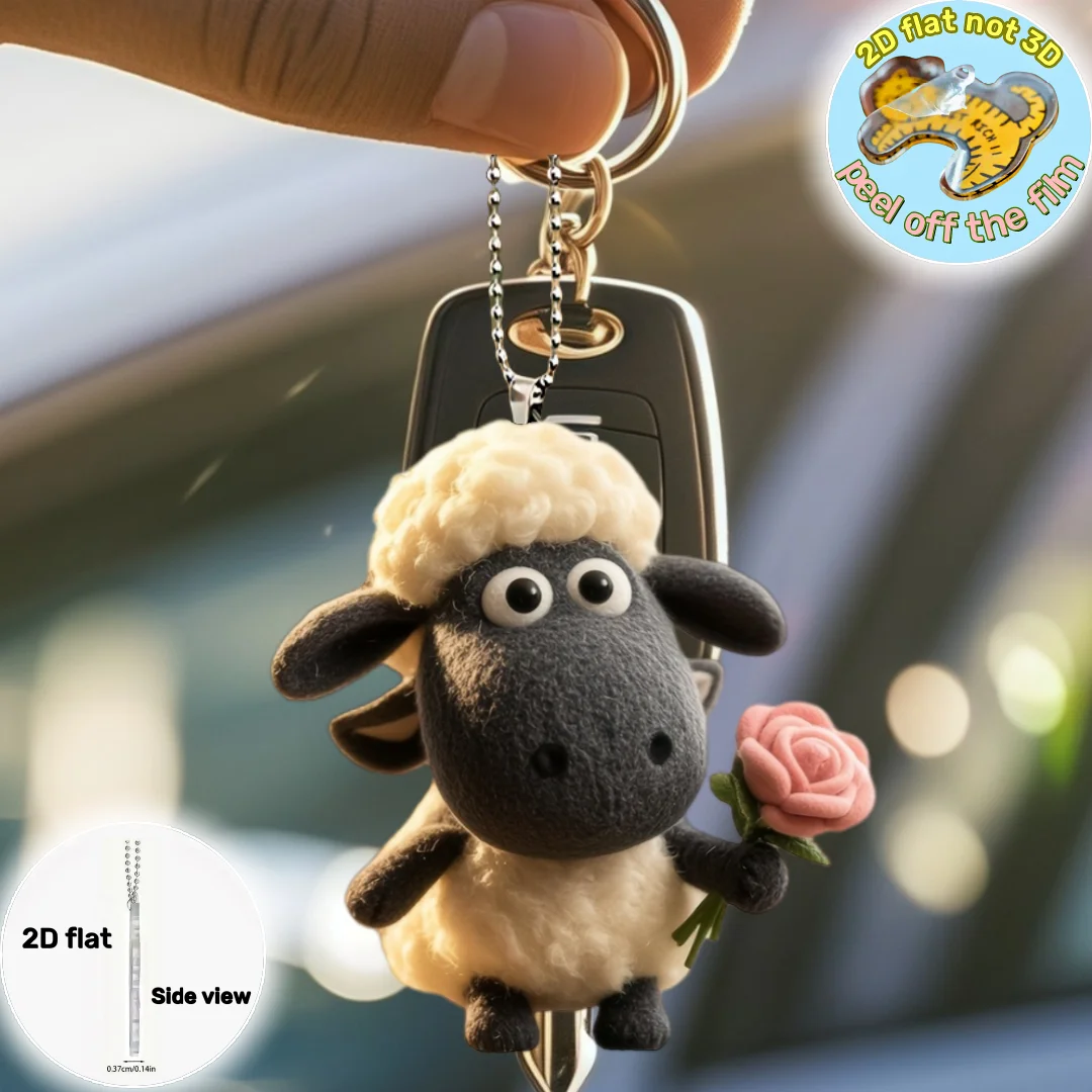 Lamb Holding Flowers Pendant Keychain,Sheep 2D Flat Pattern Acrylic Ornament,Hanging Decoration for Car,Bags,Festive,Party,Gift