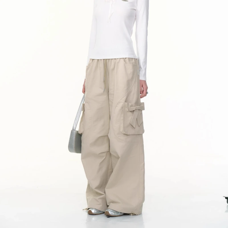 الأمريكية الرجعية عالية الخصر التخسيس مستقيم الساق المرأة واسعة الساق السراويل الخريف جديد القوس الكاكي ملابس العمل بناطيل كاجوال السيدات #4