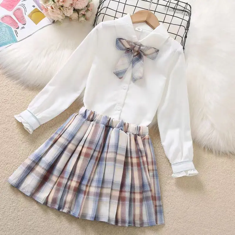 Kids Academic Style Clothing Set Polo Shirt Top+Vest + JK Plaid Skirt 3PCS Set Girl Autumn And Winter School Uniforms Clothing