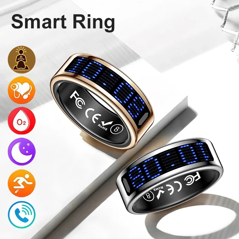 

Smart Ring Blue Display Fitness Tracker with Heart Rate Sleep Blood Oxygen Monitor Caller ID Multi Sport Modes for Men Women