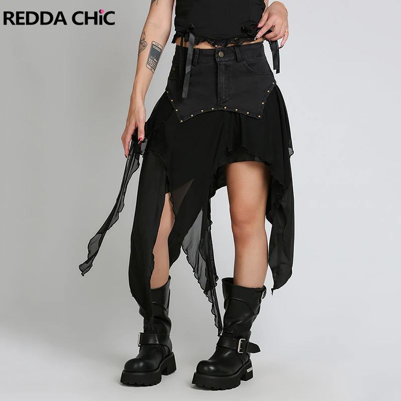 

REDDACHiC Альтернативная готическая асимметричная длинная джинсовая юбка с подкладкой, шорты с заклепками, джинсовая сетчатая юбка с рюшами и бахромой, женская одежда в стиле панк, ретро