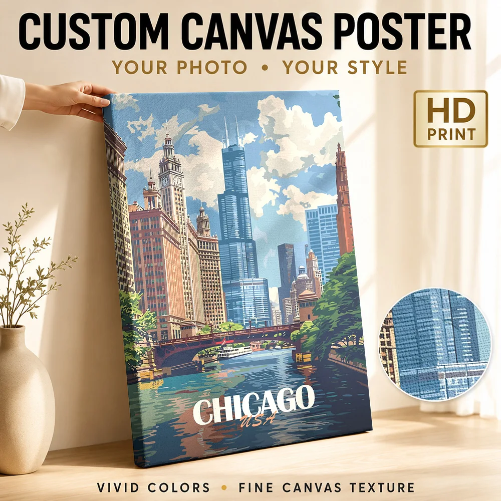 Chicago Skyline Canvas Print Poster Customized Photo Travel Landscape Wall Art for Hotel Decor Ready to Hang Housewarming Gift