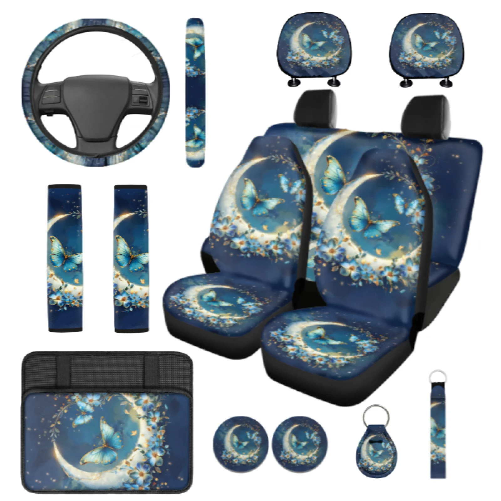 Coloranimal Floral Moon Design 14 Pcs Car Seat Covers Full Set Breathable Comfortable Auto Seat Covers Compatible with Small