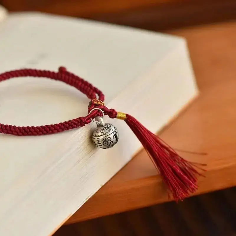 S925 Sterling Silver Gold Swallowing Beast Bell Charms Red Rope Bracelet Ethnic Style Hand-woven Tassel Hand Rope Gift for Women