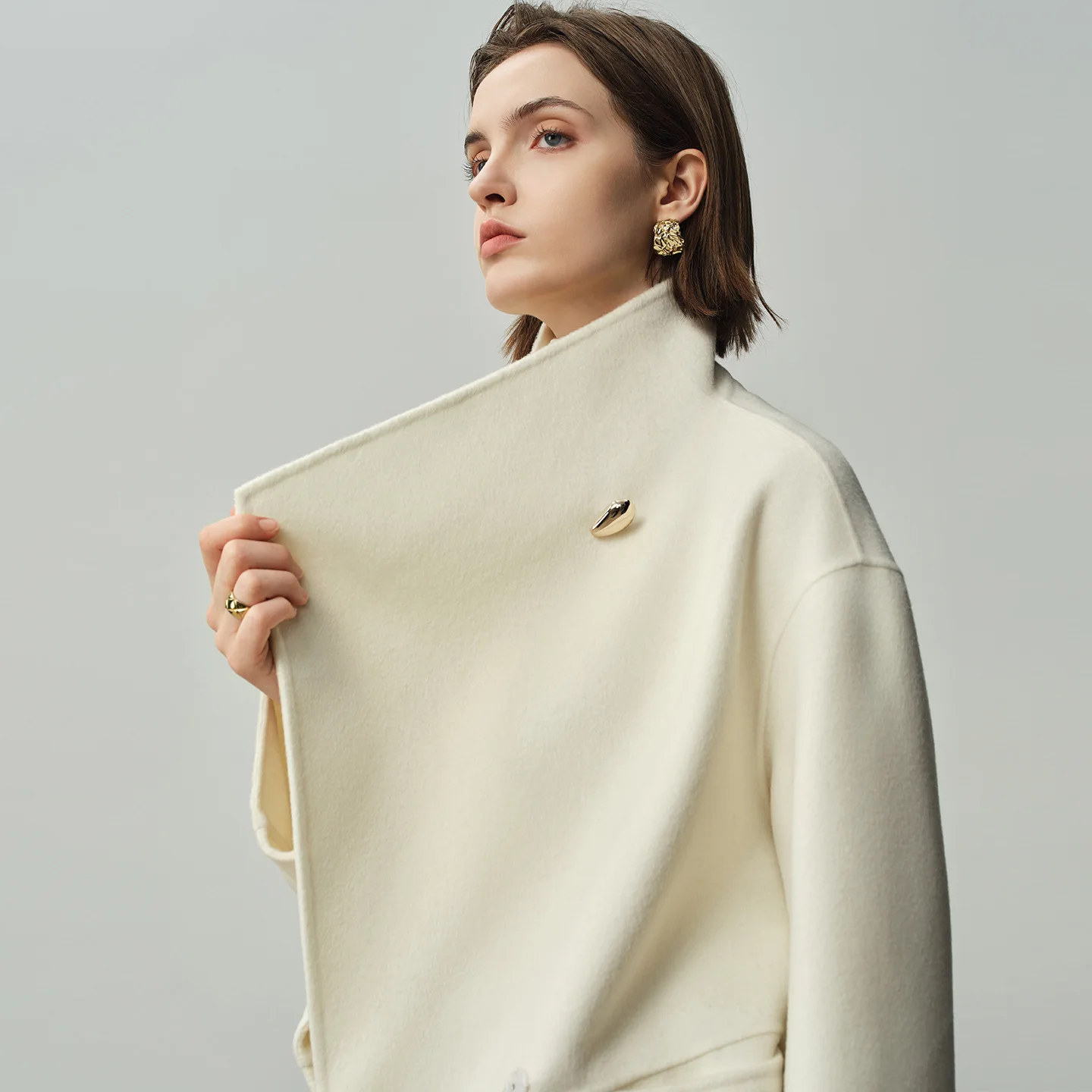 UMI MAO Irregular Lapel Wool Overcoat Petite Mid-length One-button Tie Double-faced Cashmere Coat Long Sleeve Jacket Women