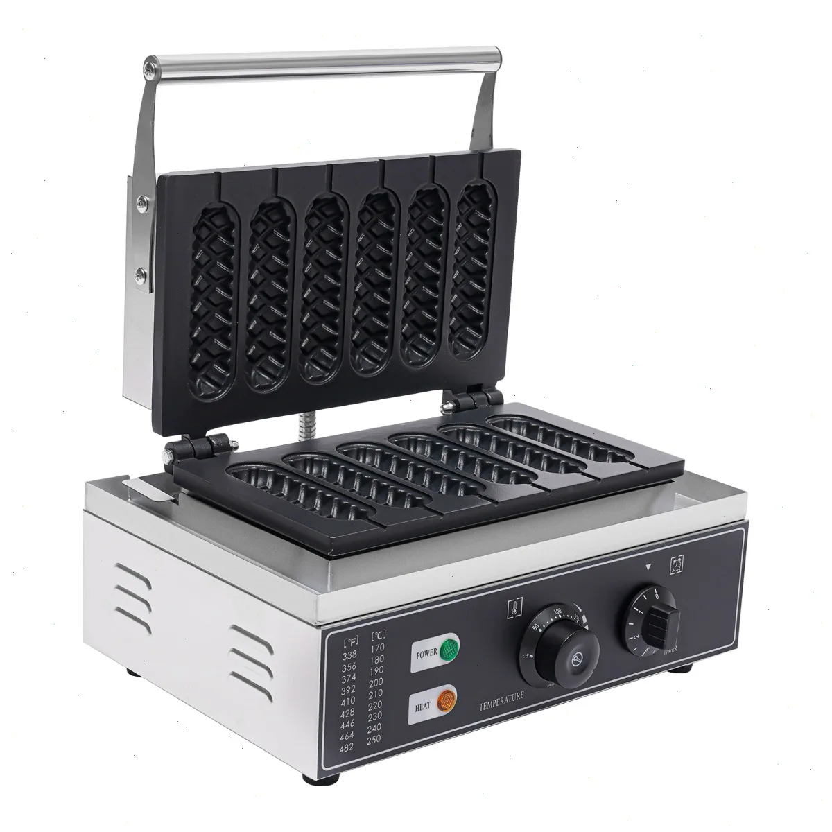Máquina para Hot Dogs de 6 Varillas, 1500W, 50~300 ℃   Máquina para Hacer Waffles Comercial, Parrilla Eléctrica Antiadherente de Acero Inoxidable para Hot Dogs