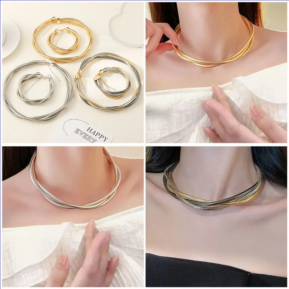 Fashion Alloy Choker Necklace Three-layer Snake Chain Temperament Women Collarbone Chain Multi Color Jewelry Gift Retro Necklace