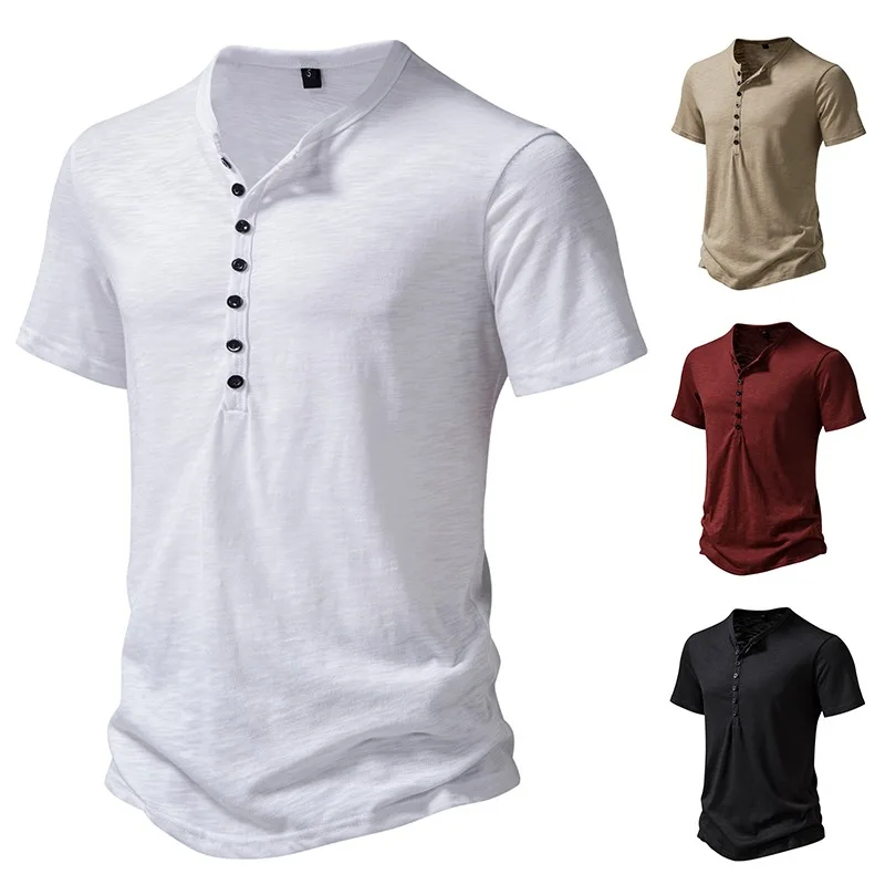

2024 Summer New Men's Henry Casual Fashion Basic Short Sleeve All Cotton Lightweight T-shirt