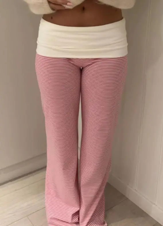 أزياء الخريف المتناقضة الربط السراويل الساق المستقيمة للنساء عارضة منخفضة الخصر مخطط مطبوعة السراويل الساق المستقيمة