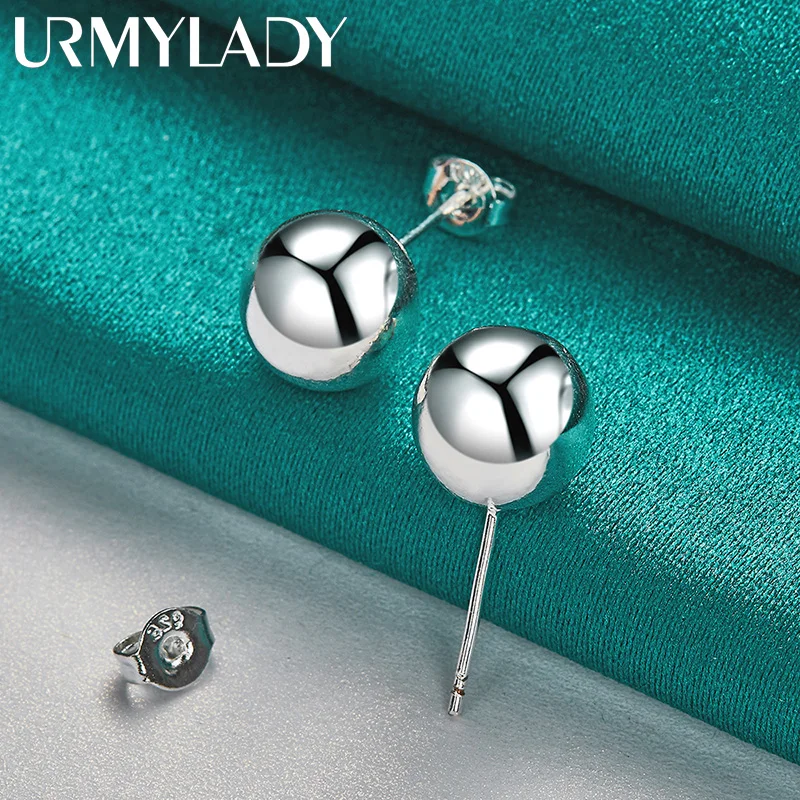 

URMYLADY 925 Sterling Silver 8MM Bead Stud Earrings For Women Fashion Wedding Engagement Charm Jewelry