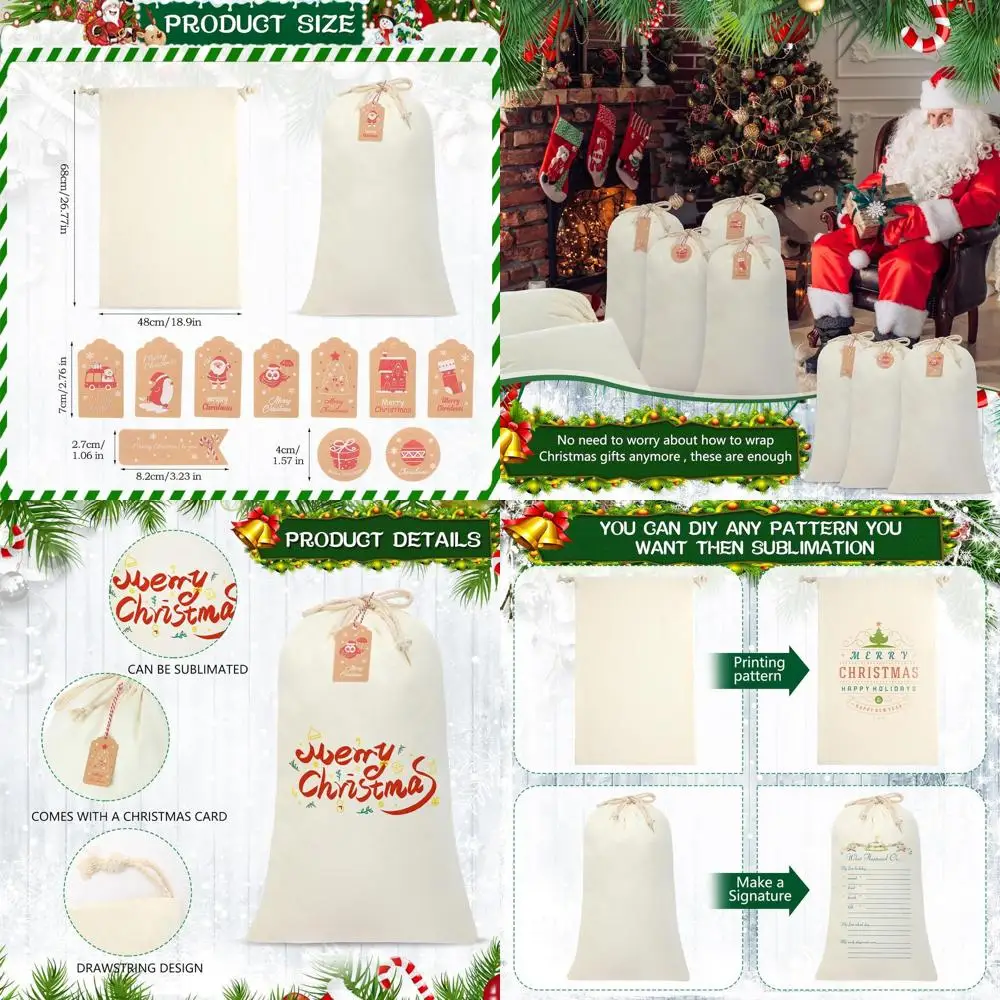 

Large Christmas Santa Sacks - 24 Pack Sublimation Drawstring Bags with Kraft Paper Tags for DIY Gifts