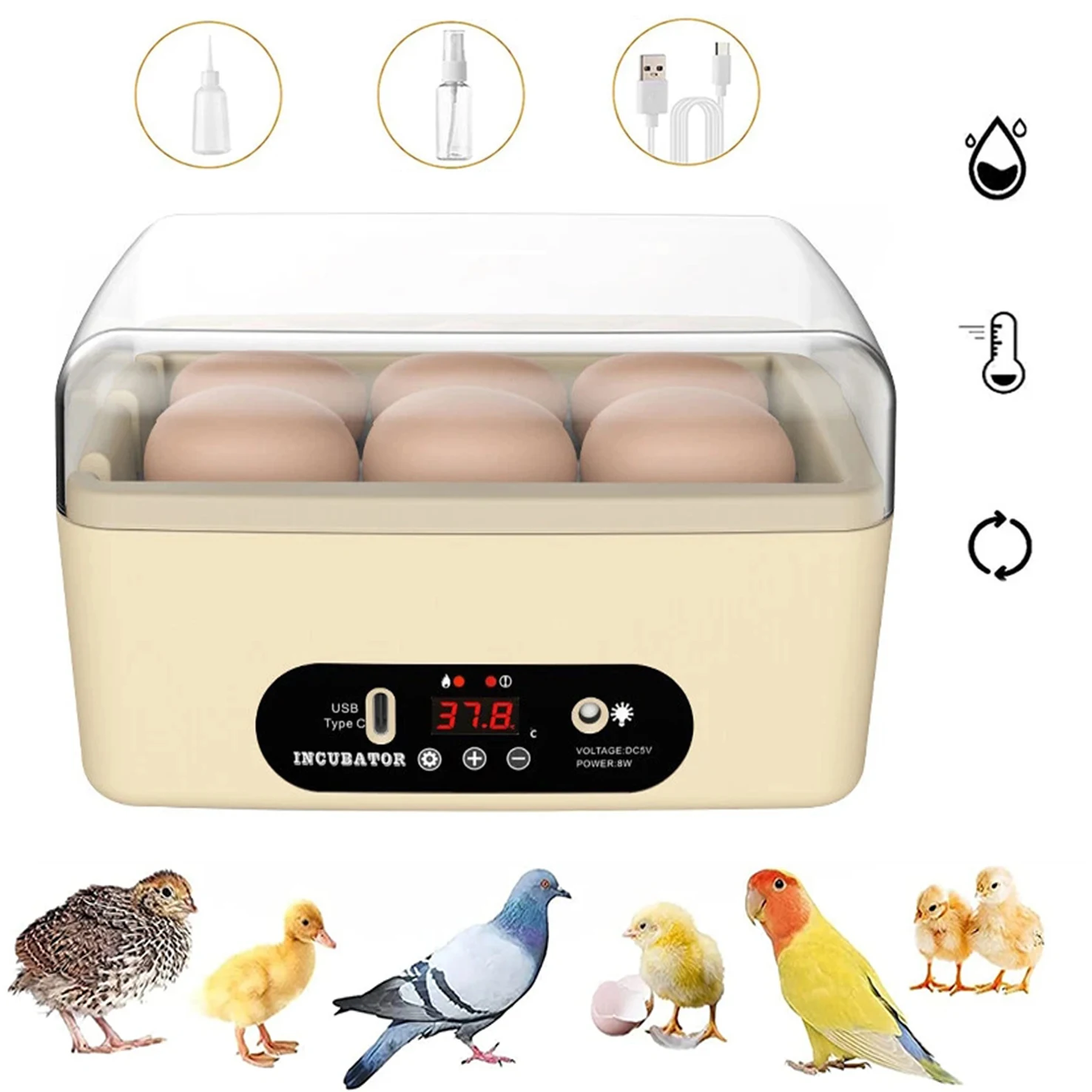 Incubatrici per la schiusa delle uova, incubatrice per 6 uova, sistema automatico per la rotazione delle uova, controllo della temperatura e dell'umidità, indicatore del giorno di schiusa, coperchio