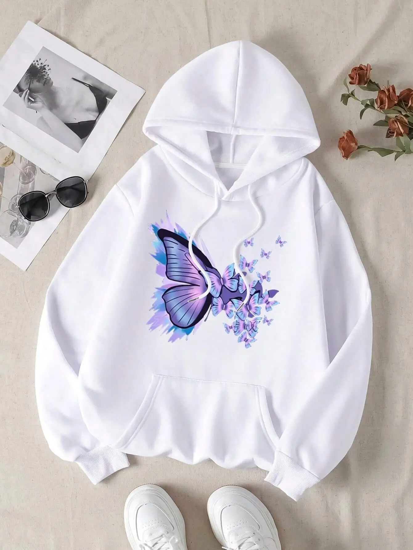 Purple Dream Butterfly Printed Hoodies Casual Women Sweatshirts Comfortable Fleece Pullover Crewneck Loose Female Tops Clothes