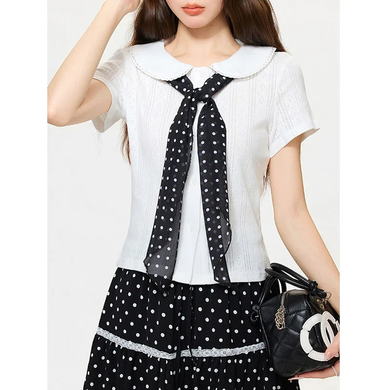 Sweet Style Hollow out Short Sleeve T-Shirt Women's Fashionable Summer Doll Collar Lace Trim Top Breathable Lightweight Knitted