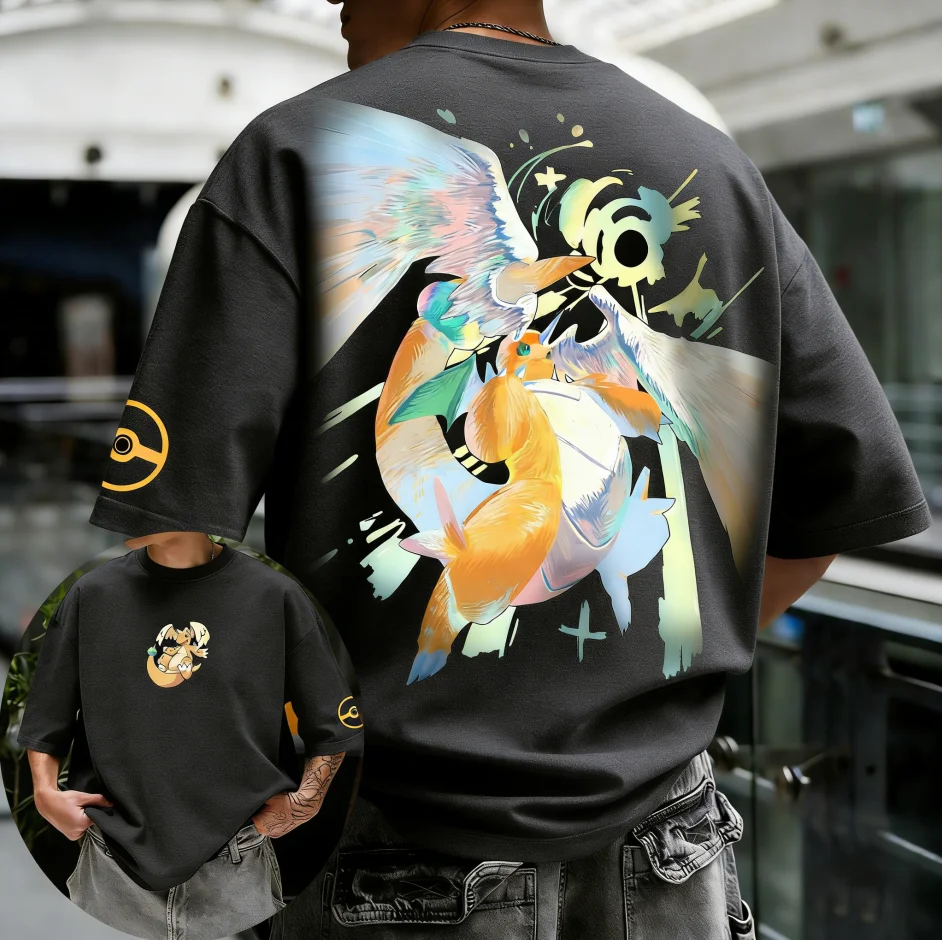 Pokémon Anime Super Dragonite Bedrucktes T-Shirt aus reiner Baumwolle 2026 Herren Sommer Neu Street Hip Hop Locker Lässig Y2K Eltern-Kind-Oberteil