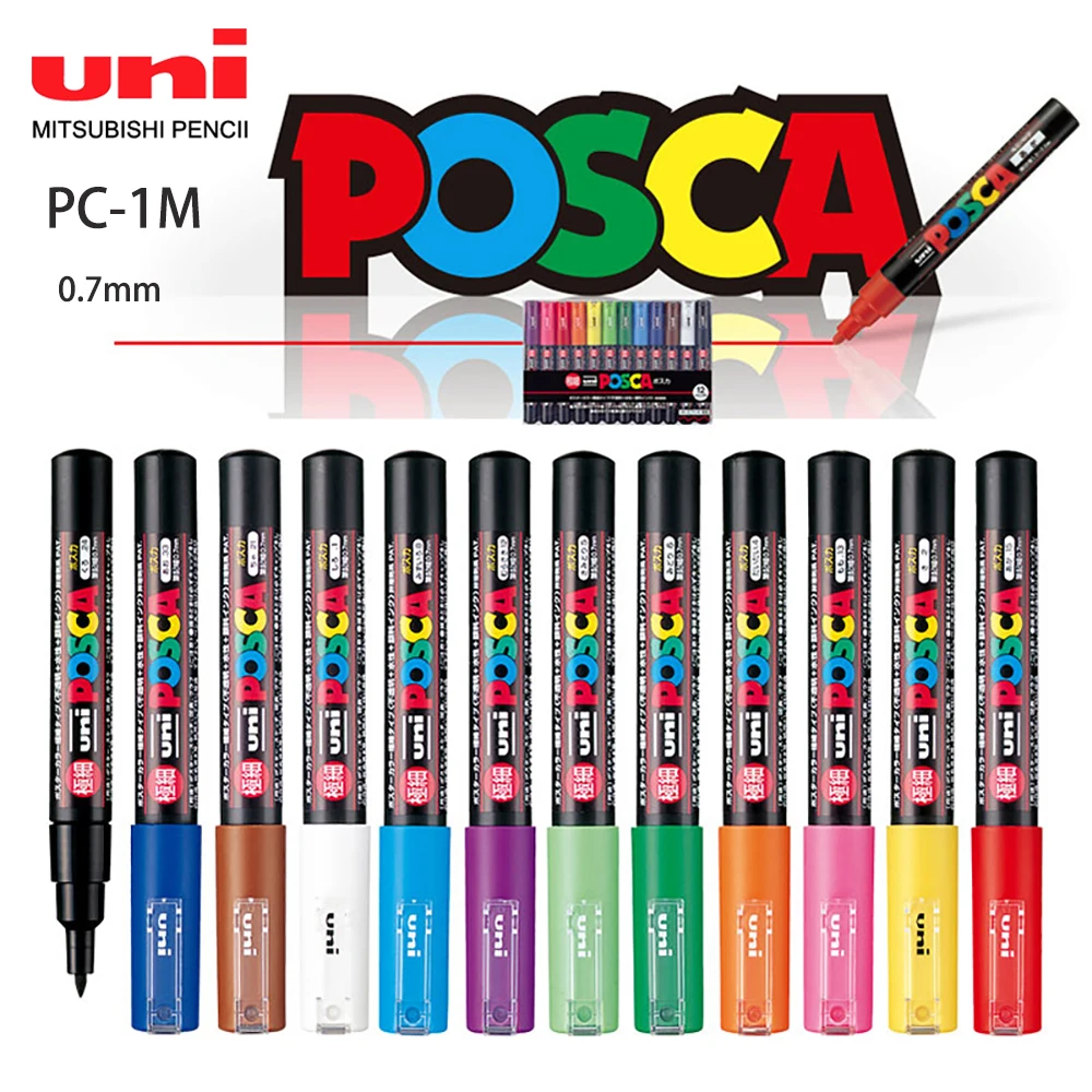 UNI POSCA Marker Set PC-1M 12-color Advertising Pen Graffiti Highlight Pen Propylene Round Head 0.7 Water-based Hand-painted