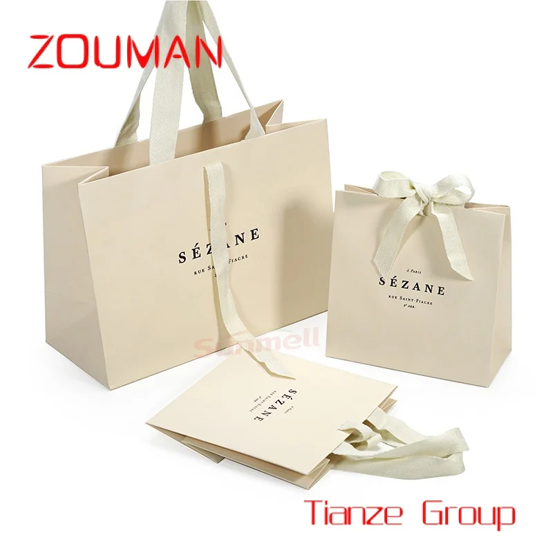 Custom , Custom Recycled Ivory Clothes Packaging Gift Bag With Ribbon Handle Luxury Beige Shopping Paper Bags With Your Own Logo