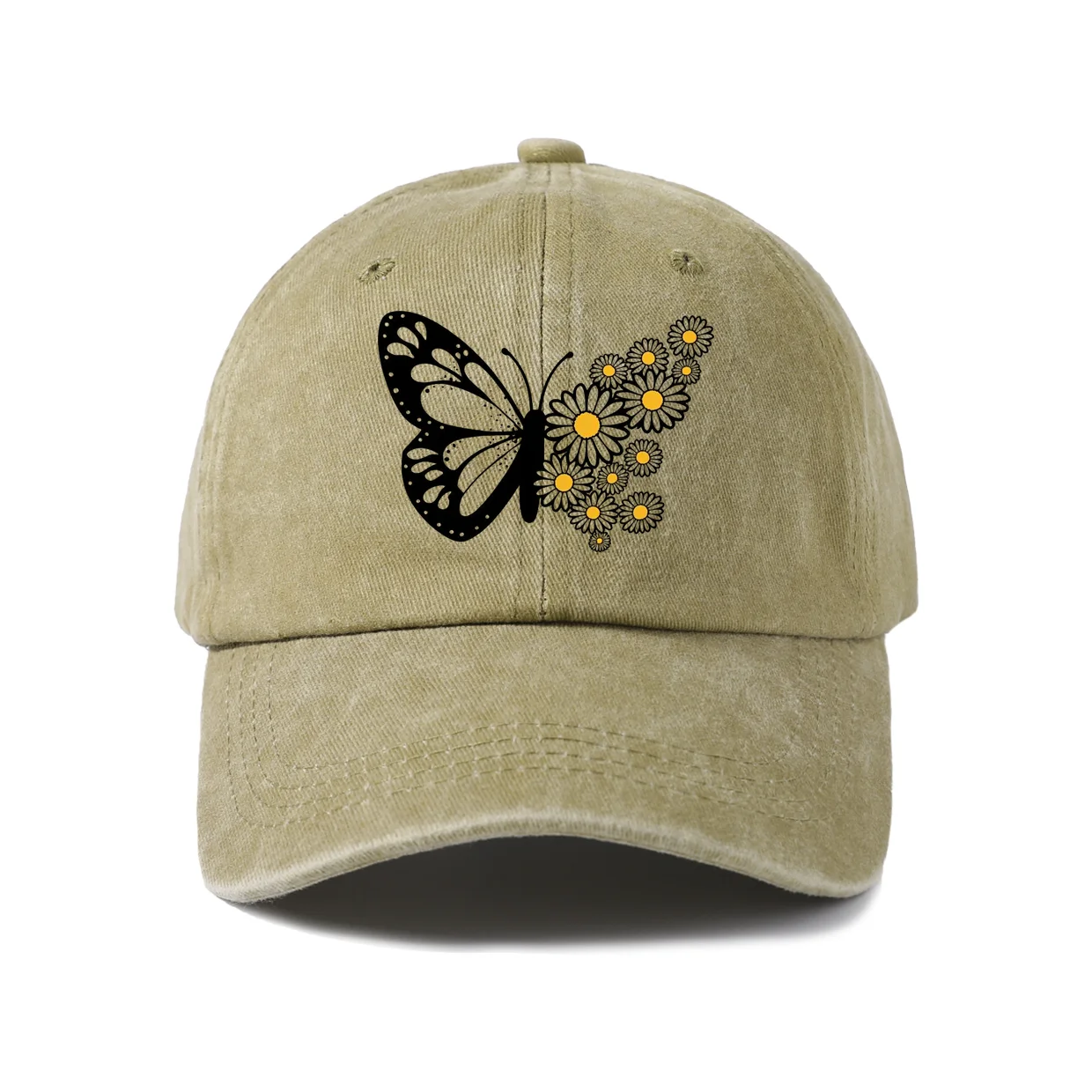 Floral Butterfly Silhouette Graphic Baseball Cap, Vintage Washed Adjustable Unisex Dad Hat, Casual Gift