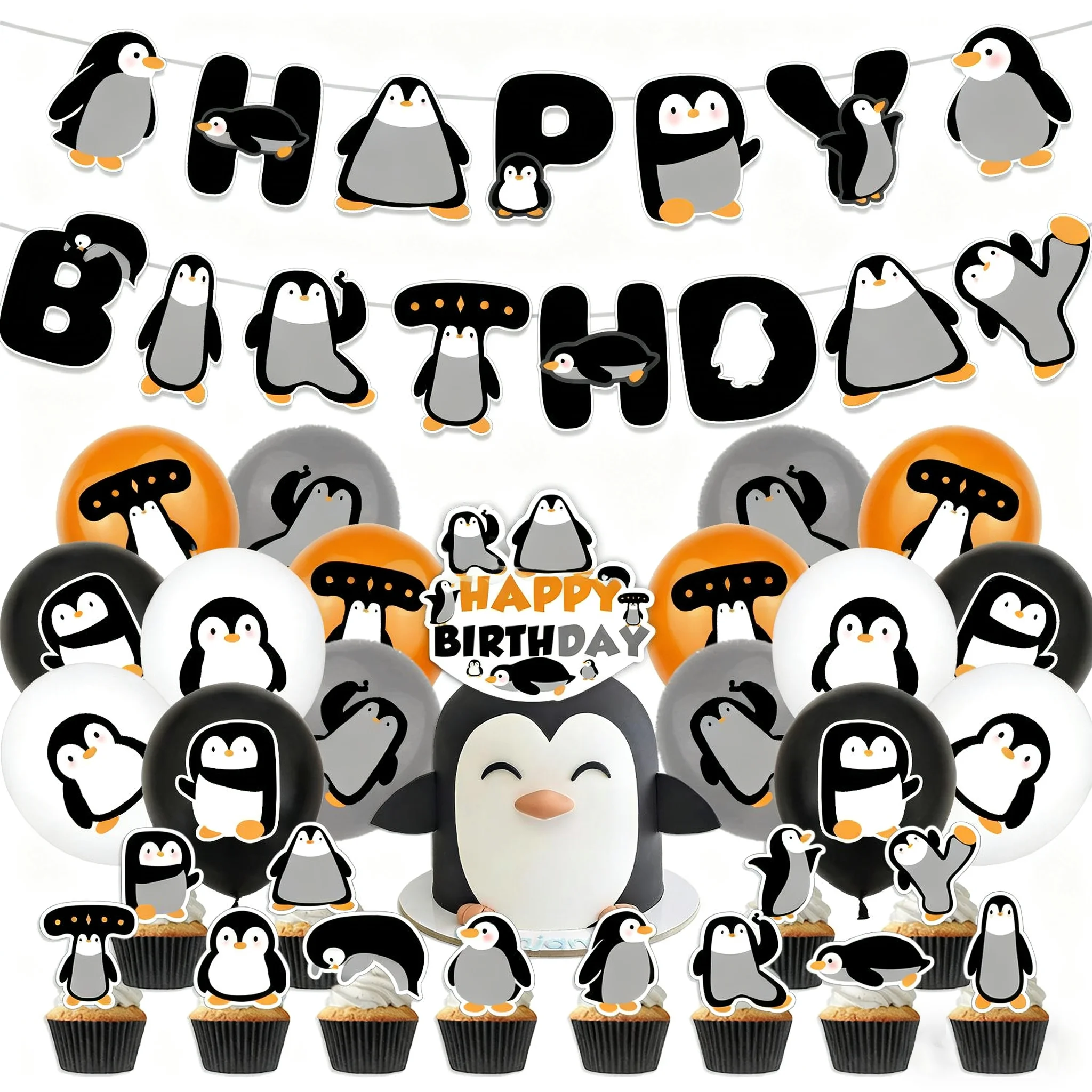 Penguin Birthday Party Decorations Set, Cute Cartoon Penguin Banner, Balloons & Cake Toppers for Themed Party  Supplies