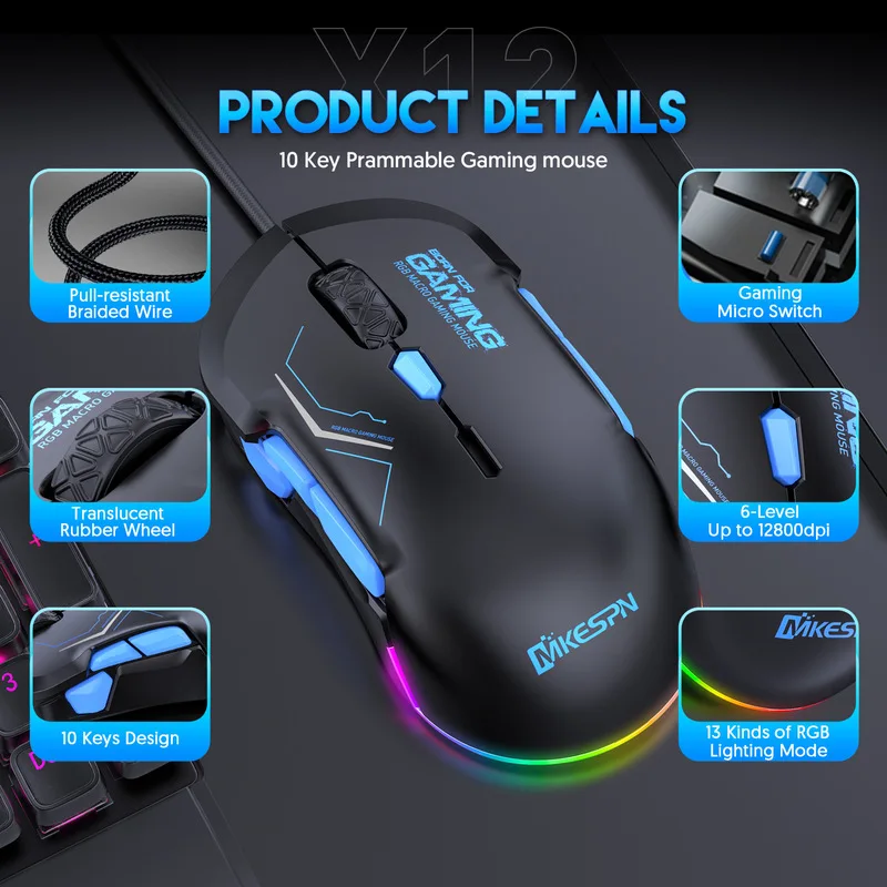 2024 New X12 Wired Mouse 12800dpi Symmetrical 10-Button Rgb Macro Definition Game Computer Accessories Peripheral Ergonomics