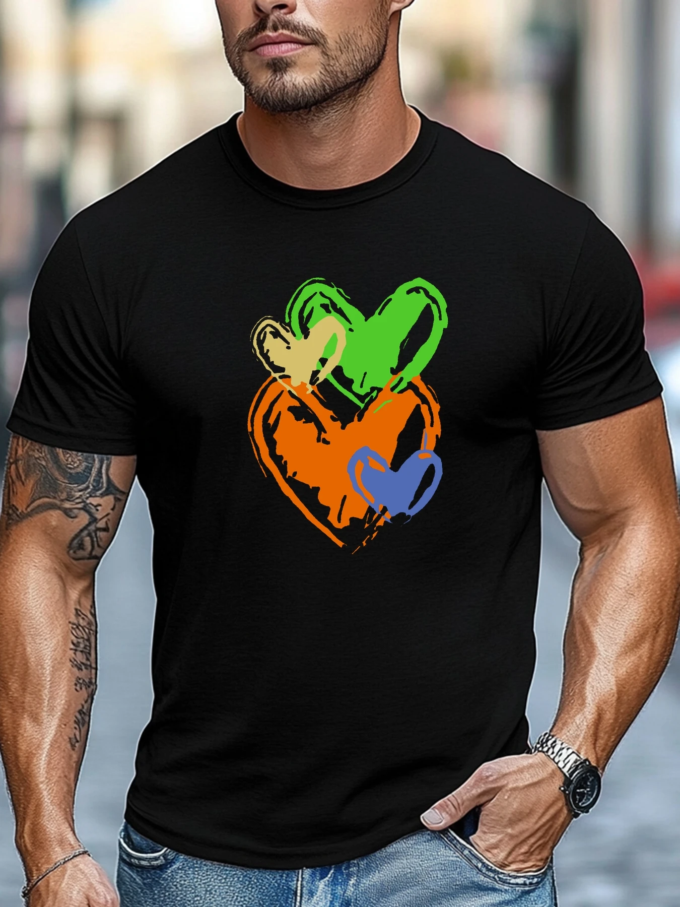 

Mens t-shirt 100% Cotton Colorful Heart Graphic Summer Soft Comfort Fit Round Neck Casual Breathable Tee Daily Wear Tops